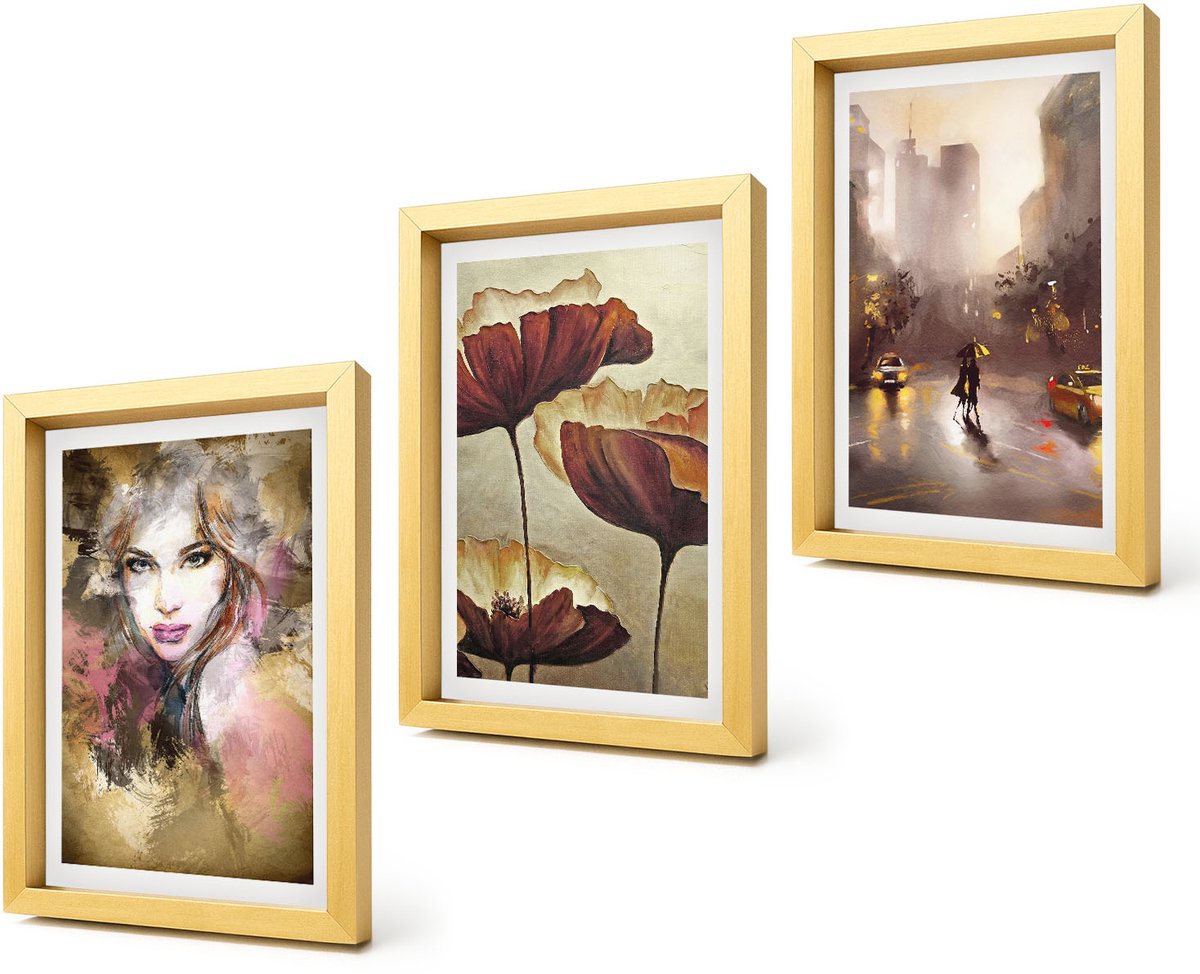 Coloray 4-Delige Schilderij Set - Abstract portret van een vrouw met bloemen in een stad in de regen. - 20 x 30 cm - Decoratieve Schilderijen - Wanddecoratie - Hal - Moderne Wanddecoratie