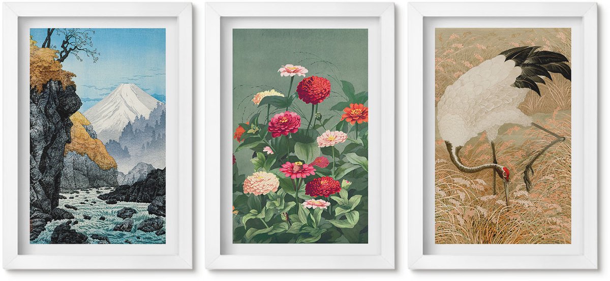Wallfluent 3-Delige Schilderij Set - Bergen In Het Landschap, Een Rivier, Bloemen En Kraanvogels In Het Gras. - 20 x 30 - Muurdecoratie - Schilderijen Set - Woonkamer - Interieur Decoratie