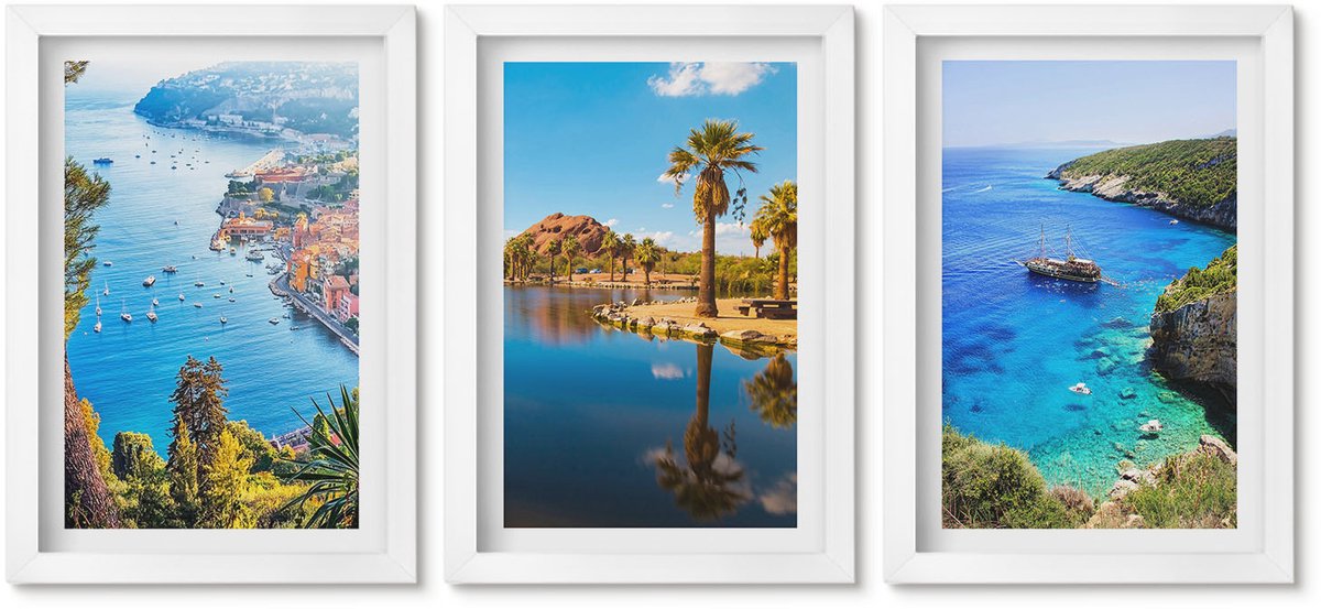 Wallfluent 3-Delige Schilderij Set - Uitzicht Op Zee Met Palmbomen En Blauw Water - 20 x 30 - Muurdecoratie - Decoratieve Schilderijen - Wohnzimmer - Wanddecoratie