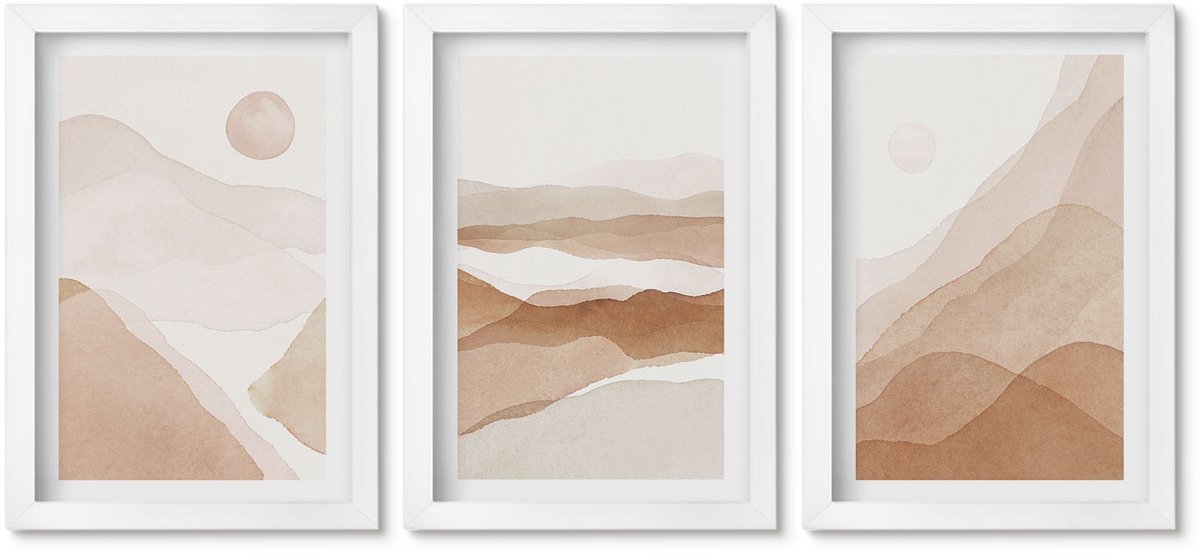 Wallfluent 3-Delige Schilderij Set - Abstracte Landschappen In Bruine En Beige Tinten. - 20 x 30 - Wanddecoratie - Schilderijen Set - Kantoor - Stijlvolle Muurdecoratie