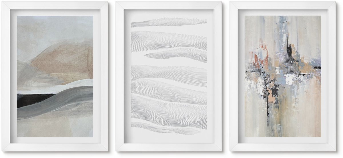 Wallfluent 3-Delige Schilderij Set - Abstracte Patronen In Neutrale Aardetinten - 20 x 30 - Decoratieve Schilderijen - Woonkamer - Interieur