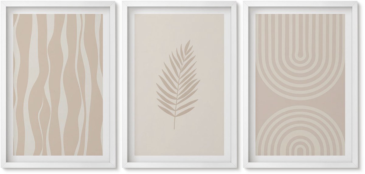 Wallfluent 3-Delige Schilderij Set - Patronen In Beigetinten Met Plantmotieven - 40 x 60 - Muurdecoratie - Schilderijen Set - Woonkamer - Wanddecoratie