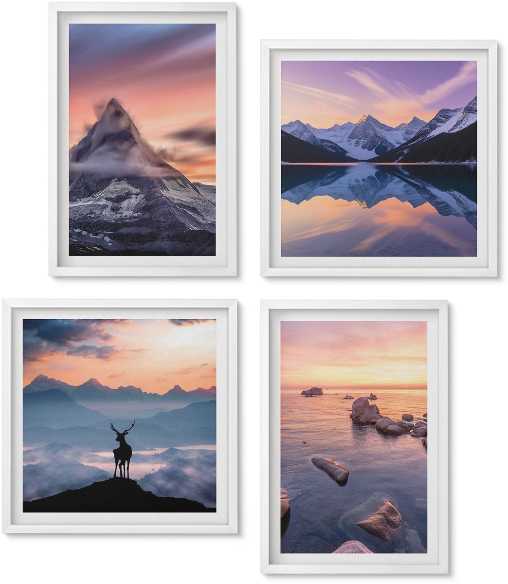 Wallfluent 4-Delige Schilderij Set - Landschappen, Bergen, Meren, Herten En Zonsondergang - 40 x 40 En 40 x 60 - Schilderijen Set - Wanddecoratie - Woonkamer - Stijlvolle Muurdecoratie