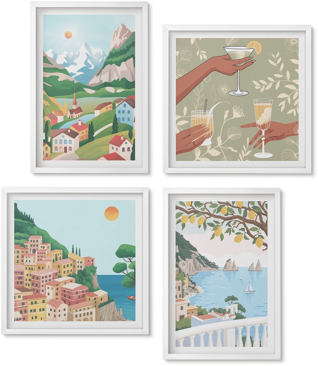 Wallfluent 4-Delige Schilderij Set - Uitzicht Op Zee Met Pastelkleurige Huizen - 40 x 40 En 40 x 60 - Wanddecoratie - Muurdecoratie - Moderne Interieurdecoratie
