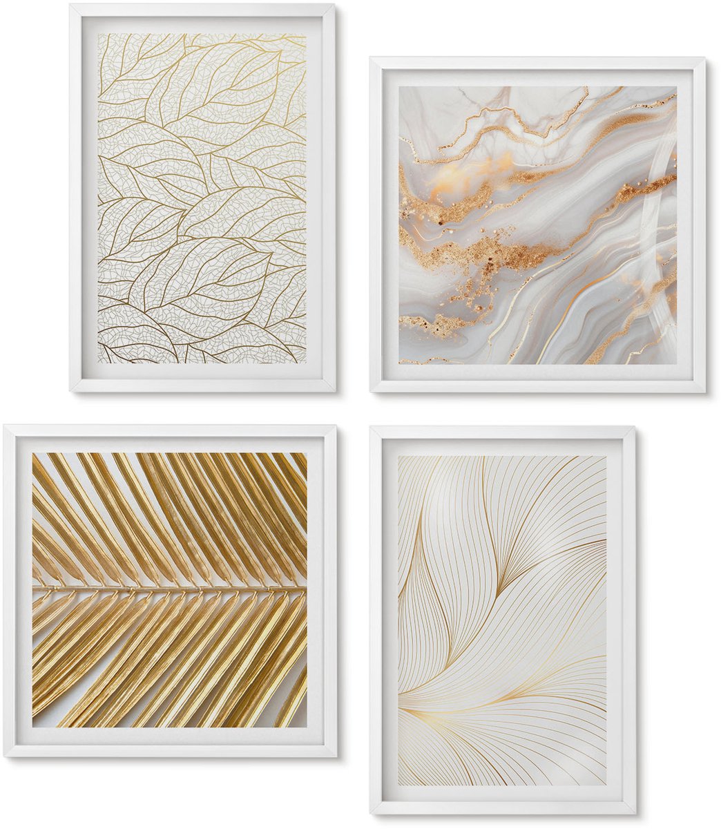 Wallfluent 4-Delige Schilderij Set - Lineaire Bladpatronen Abstract Marmer - 40 x 40 En 40 x 60 - Moderne Wanddecoratie - Woonkamer - Woonkamer Decoratie
