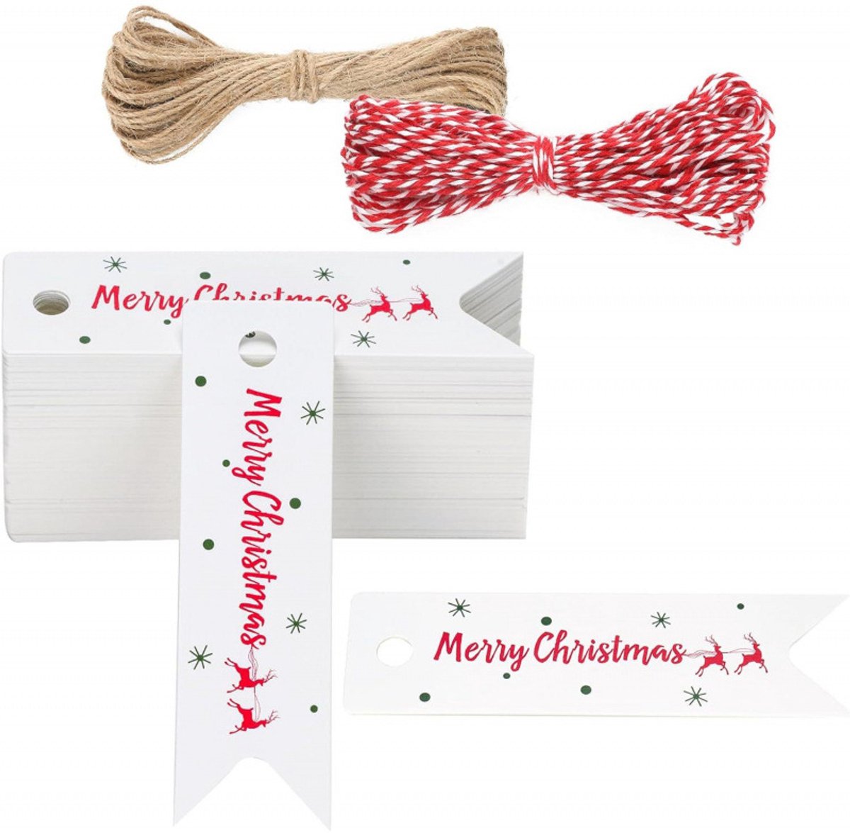 100 kerstkaartjes - 7 x 2 cm - Kraftpapieren kaartjes met touwtje - Voor kerstversiering - Wit