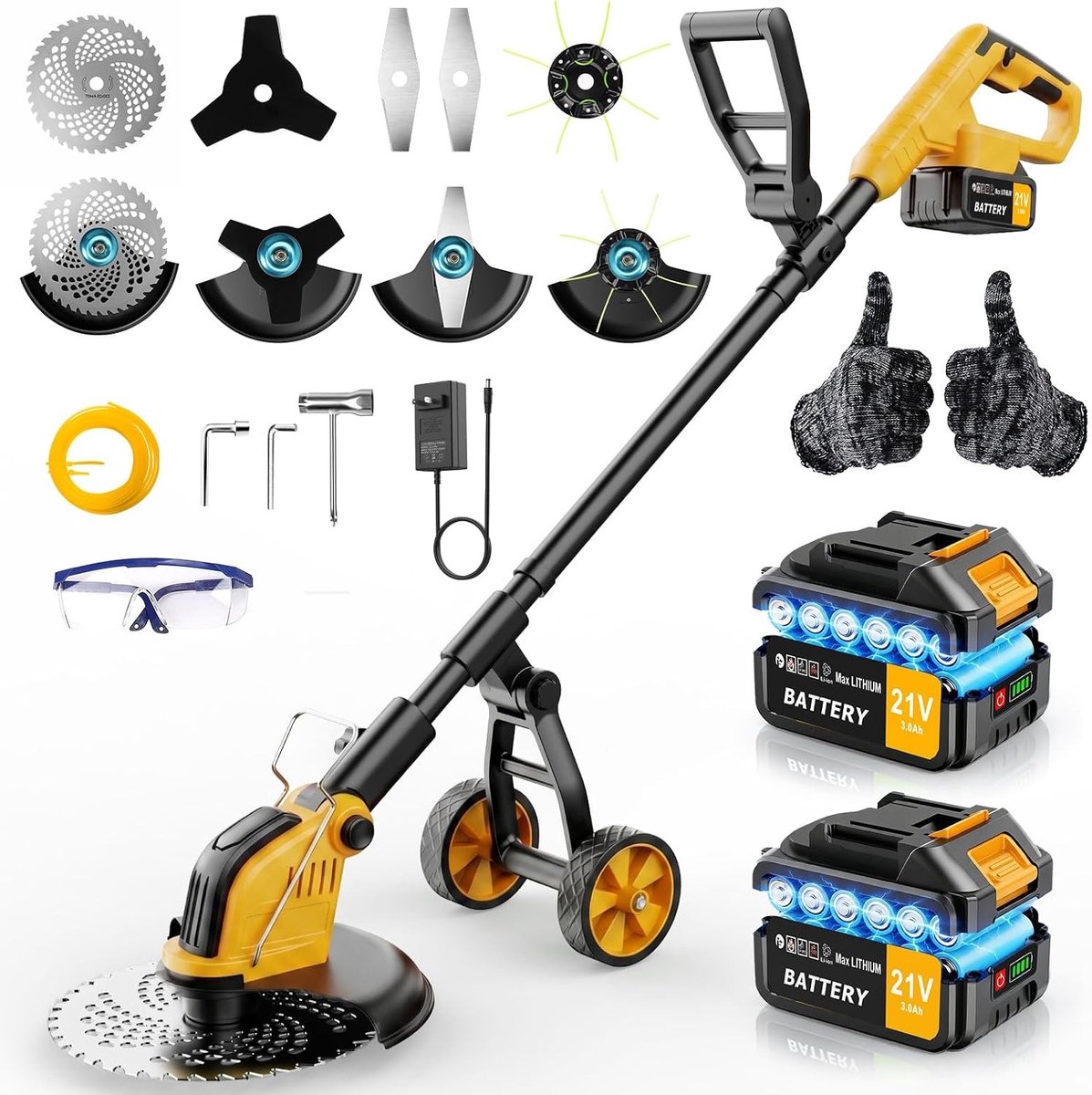 Accu-grastrimmer - Geel - 30 cm - 4-in-1 Draadloze Grastrimmer met Wielen - Voor Tuin en Binnenplaats
