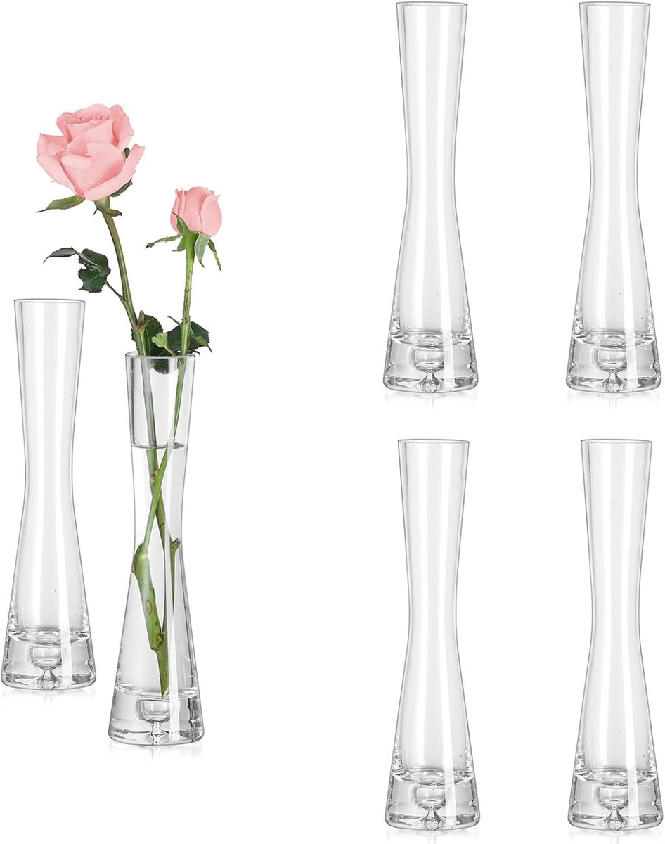 Glazen bloemenvaas set van 6 - 20 cm hoge heldere kristallen vaas - slank ontwerp - perfect voor tafelpresentatie