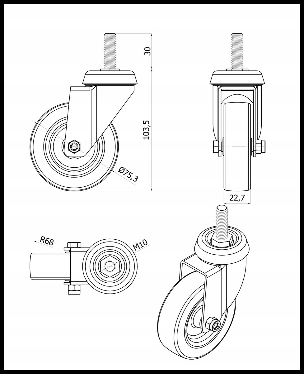 Möbelwiel met PU-loopvlak en M10 schroefdraad, 75mm