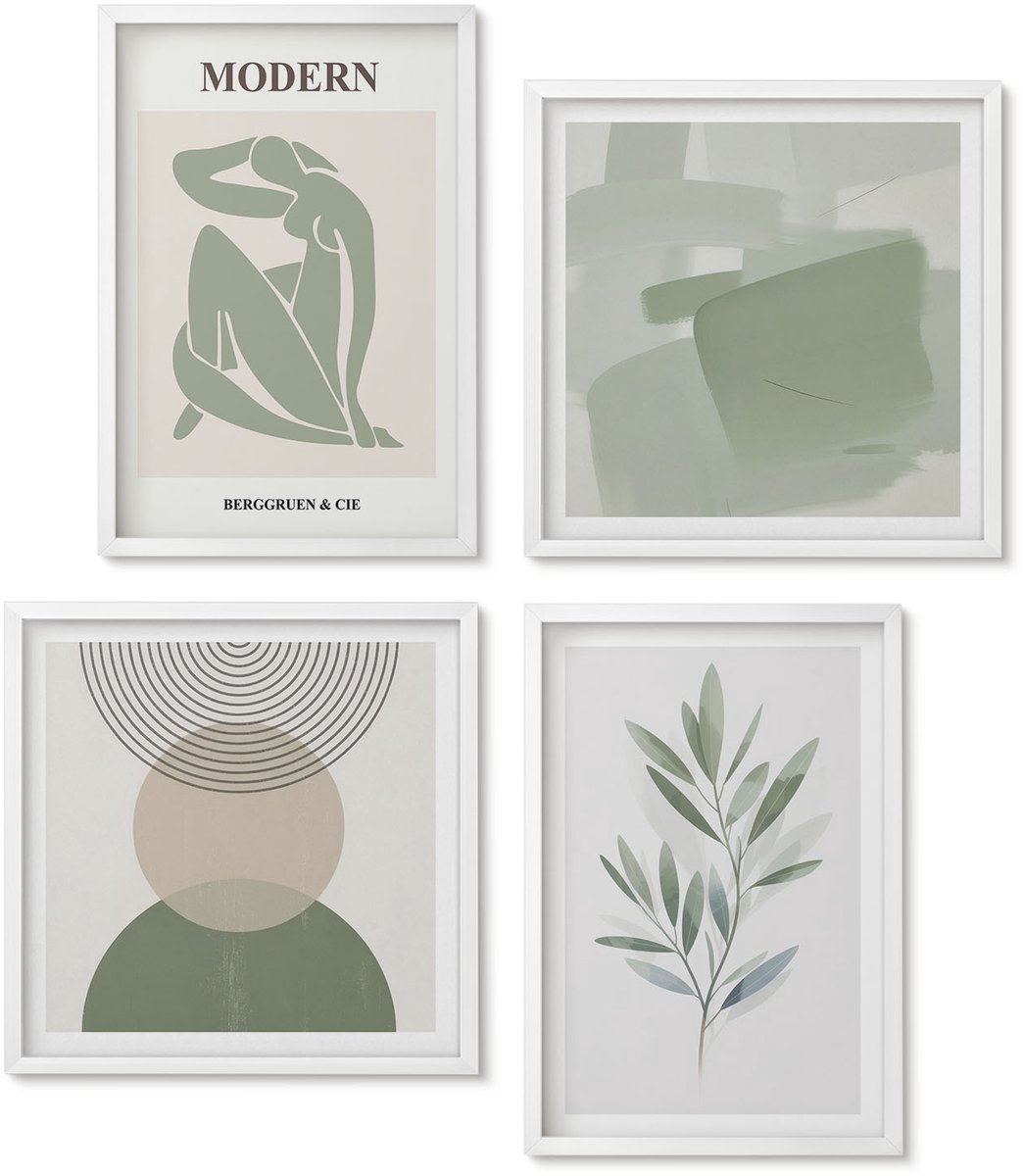 Wallfluent 4-Delige Schilderij Set - Stijlvolle Afbeeldingen Met Abstracte Vormen En Planten. - 40 x 40 En 40 x 60 - Moderne Wanddecoratie - Woonkamer