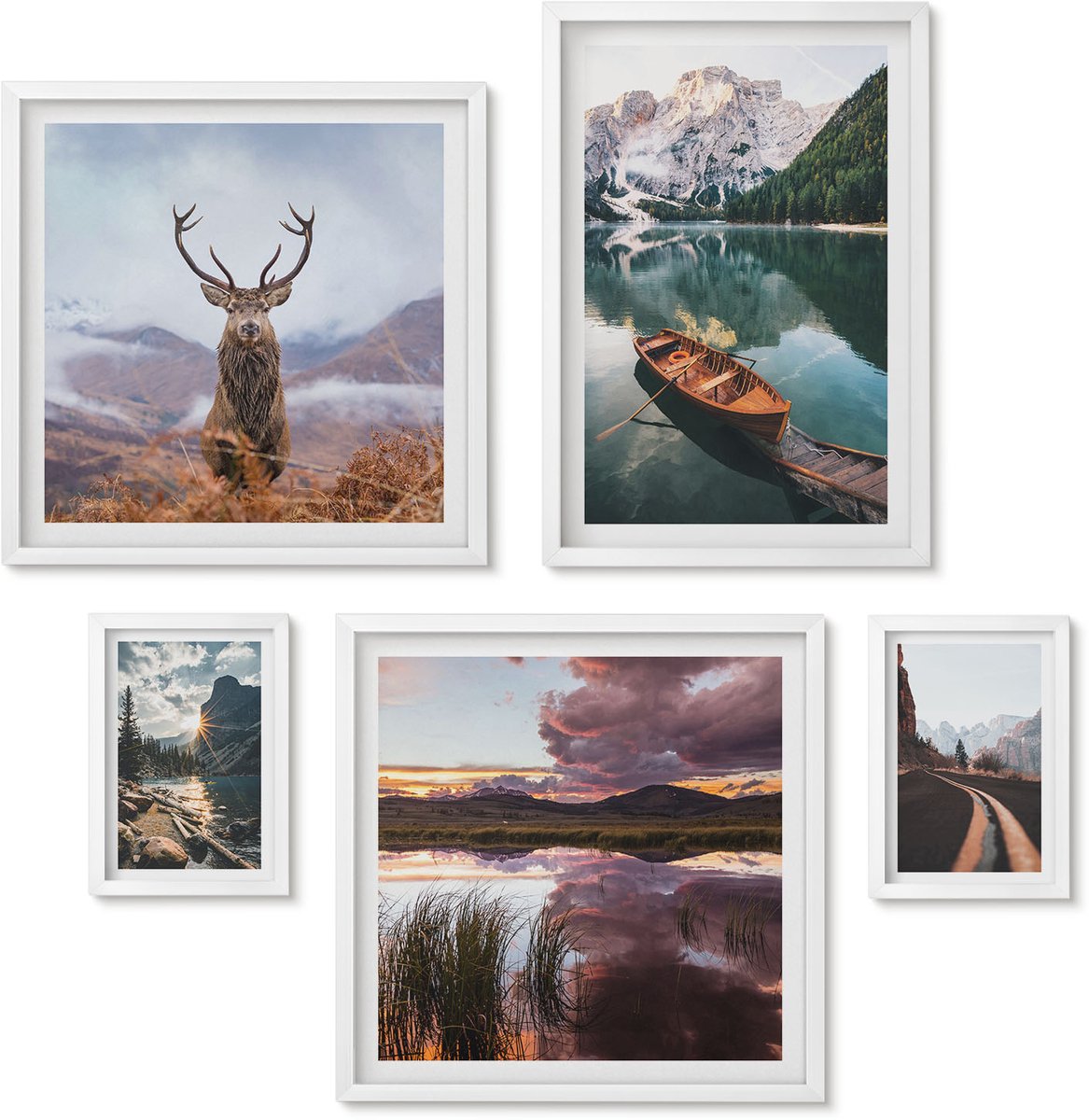 Wallfluent 5-Delige Schilderij Set - Natuurlandschappen Met Bergen, Meren En Wilde Dieren. - 50 x 50 cm, 20 x 30 cm En 40 x 60 cm - Wanddecoratie - Moderne Interieurdecoratie - Muurdecoratie