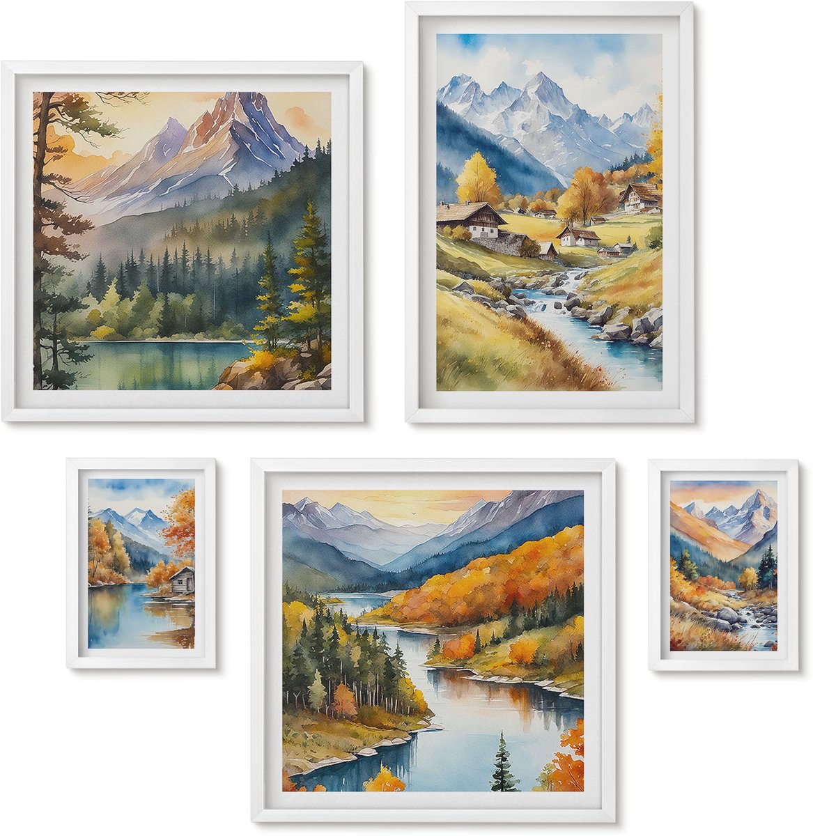 Wallfluent 5-Delige Schilderij Set - Berglandschappen Met Pittoreske Valleien En Rivieren - 50 x 50 cm, 20 x 30 cm En 40 x 60 cm - Schilderijen Set - Wanddecoratie - Woonkamer - Interieur Decoratie