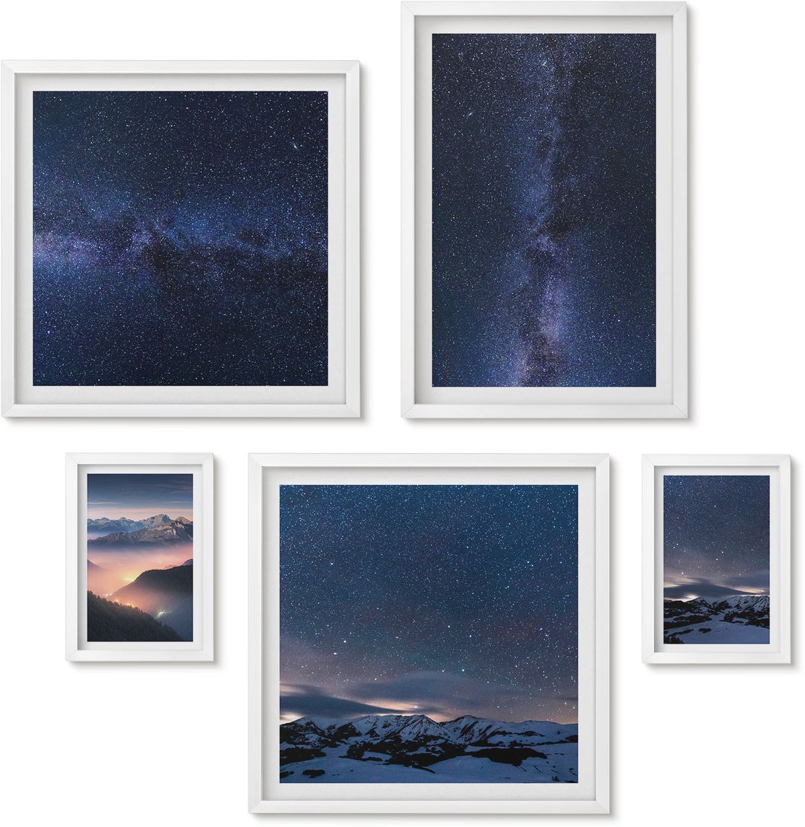 Wallfluent 5-Delige Schilderij Set - Kosmische Landschappen Van De Nachtelijke Hemel En De Sterren - 50 x 50 cm, 20 x 30 cm En 40 x 60 cm - Stijlvolle Muurdecoratie - Slaapkamer - Moderne Wanddecoratie