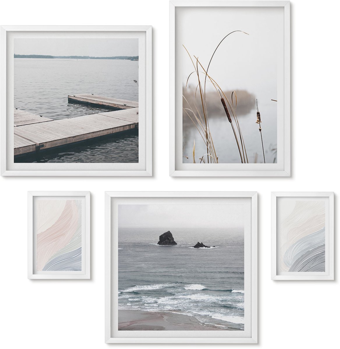 Wallfluent 5-Delige Schilderij Set - Minimalistische Zeegezichten Met Zachte Golven - 50 x 50 cm, 20 x 30 cm En 40 x 60 cm - Muurdecoratie - Schilderijen Set - Woonkamer - Wanddecoratie