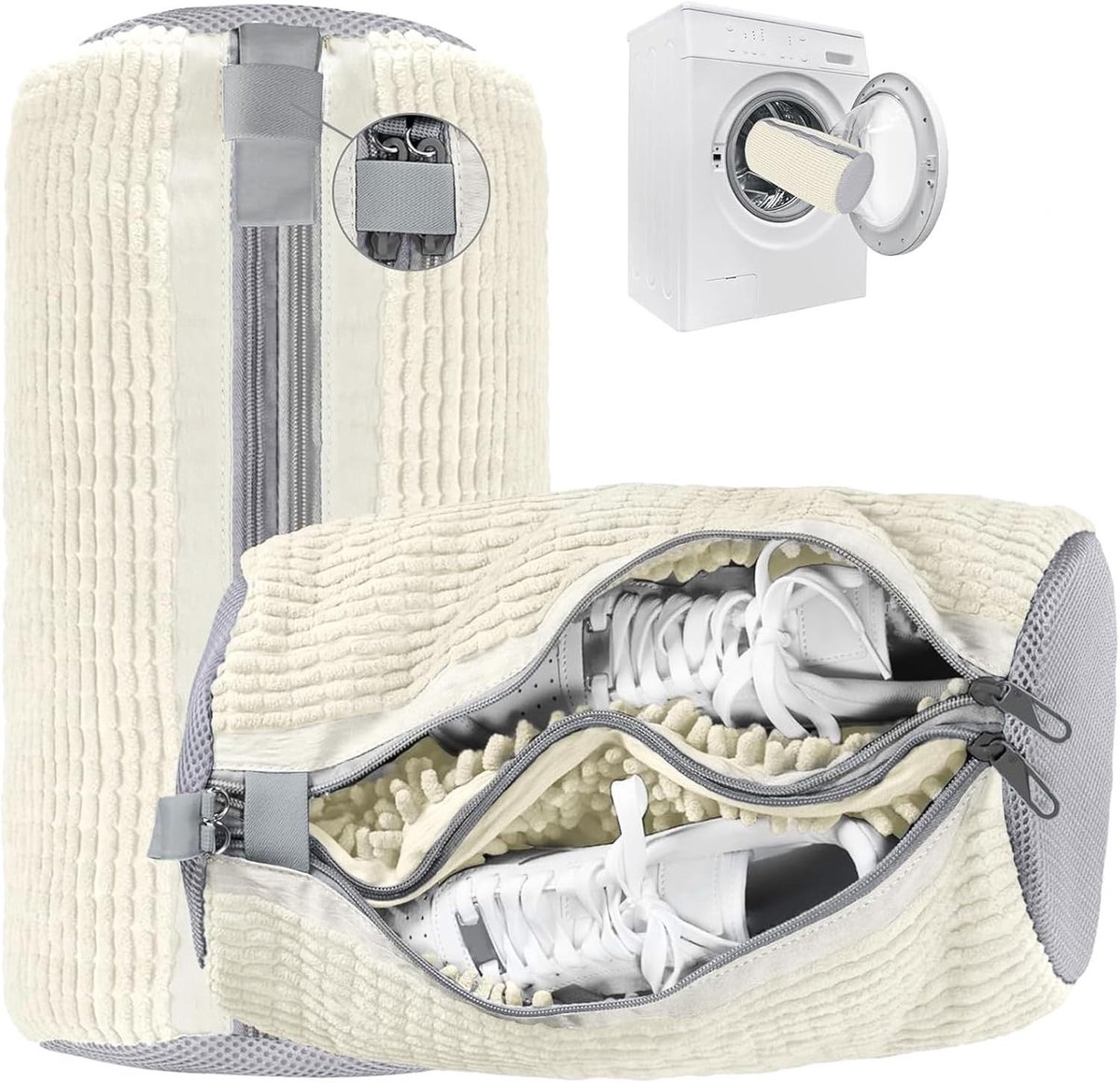 Schoenwaszak voor wasmachine - Beige - Dubbele rits en 2-in-1 structuur - Herbruikbare waszak met microvezel - Voor schoenen en sportkleding