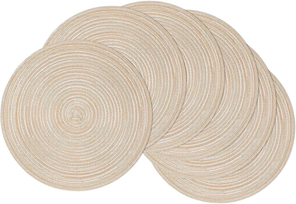Set van 6 ronde geweven placemats van katoen, 38 cm, hittebestendig, antislip, wasbaar, voor keukentafel en eettafel (beige)