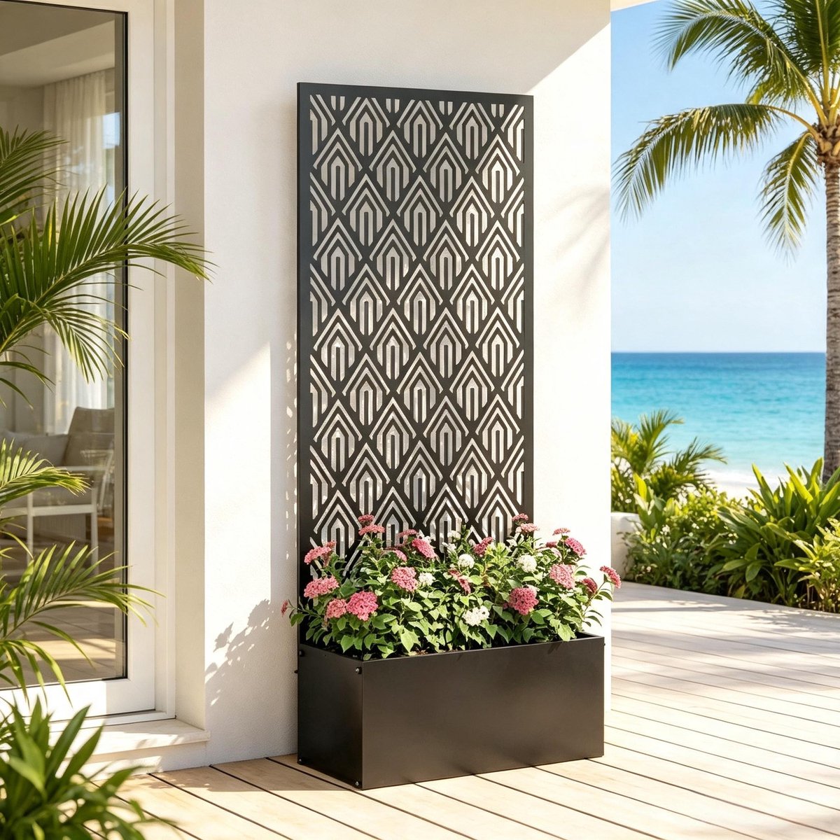 MIVRAY Plantenbak Met Klimrek – Verticaal Ontwerp – 45 x 21,5 x 110 cm – Metaal – Zwart – Voor Buiten, Balkon En Tuin