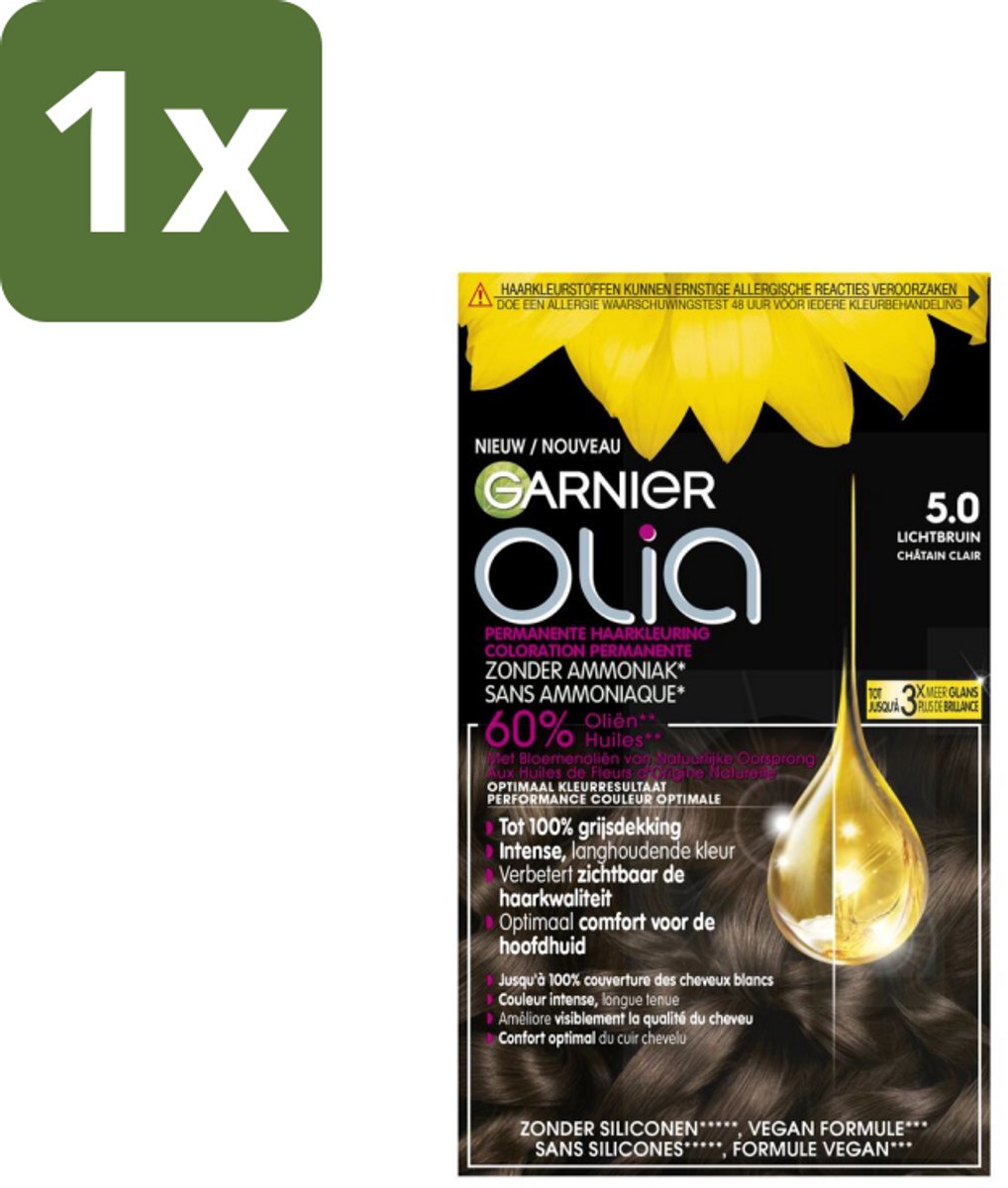 1 x Garnier - Olia 5 - Haarkleuring - Lichtbruin - Zonder Ammoniak - 60% Olie - Permanente Kleur - Haarkleuring - Permanent - Zonder Ammoniak - 60% Olie - Lichtbruin
