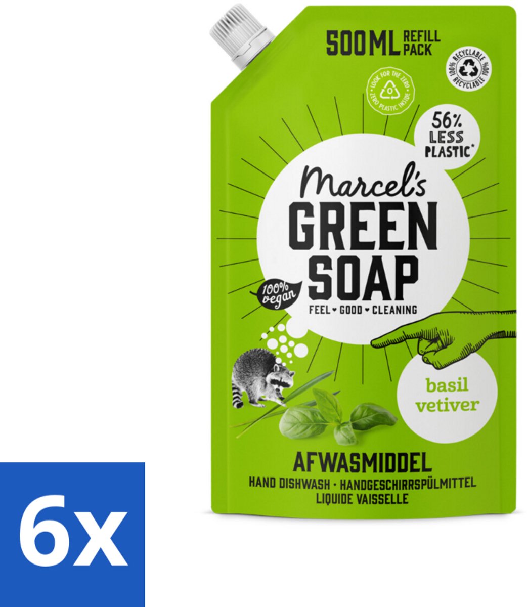 6 x Marcel's Green Soap - Navulling - Afwasmiddel - Basilicum & Vetiver Gras - Plantaardig & duurzaam - 500 ml - Afwasmiddel - Navulverpakking - Biologisch Afwasmiddel - Duurzaam Afwasmiddel - Basilicum