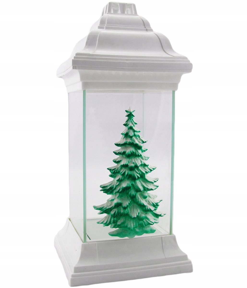 Kerstmis Lantaarn Groene Kerstboom Witte Kapel - 31cm Hoog