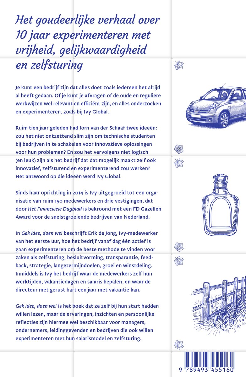 Boekomslag met de titel 'Het goudeerlijke verhaal over 10 jaar experimenteren met vrijheid, gelijkwaardigheid en zelfsturing' en een illustratie van een auto.