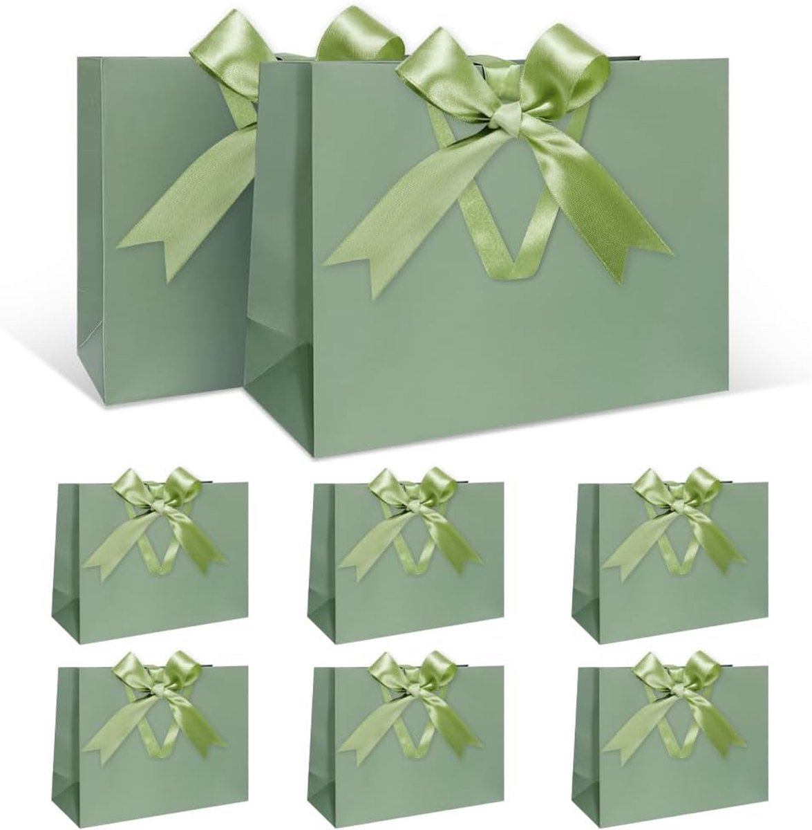 Geschenkzakjesset 8 stuks - groene cadeauzakjes 30 x 21 x 10 cm - met lint en handgrepen - ShopVlot