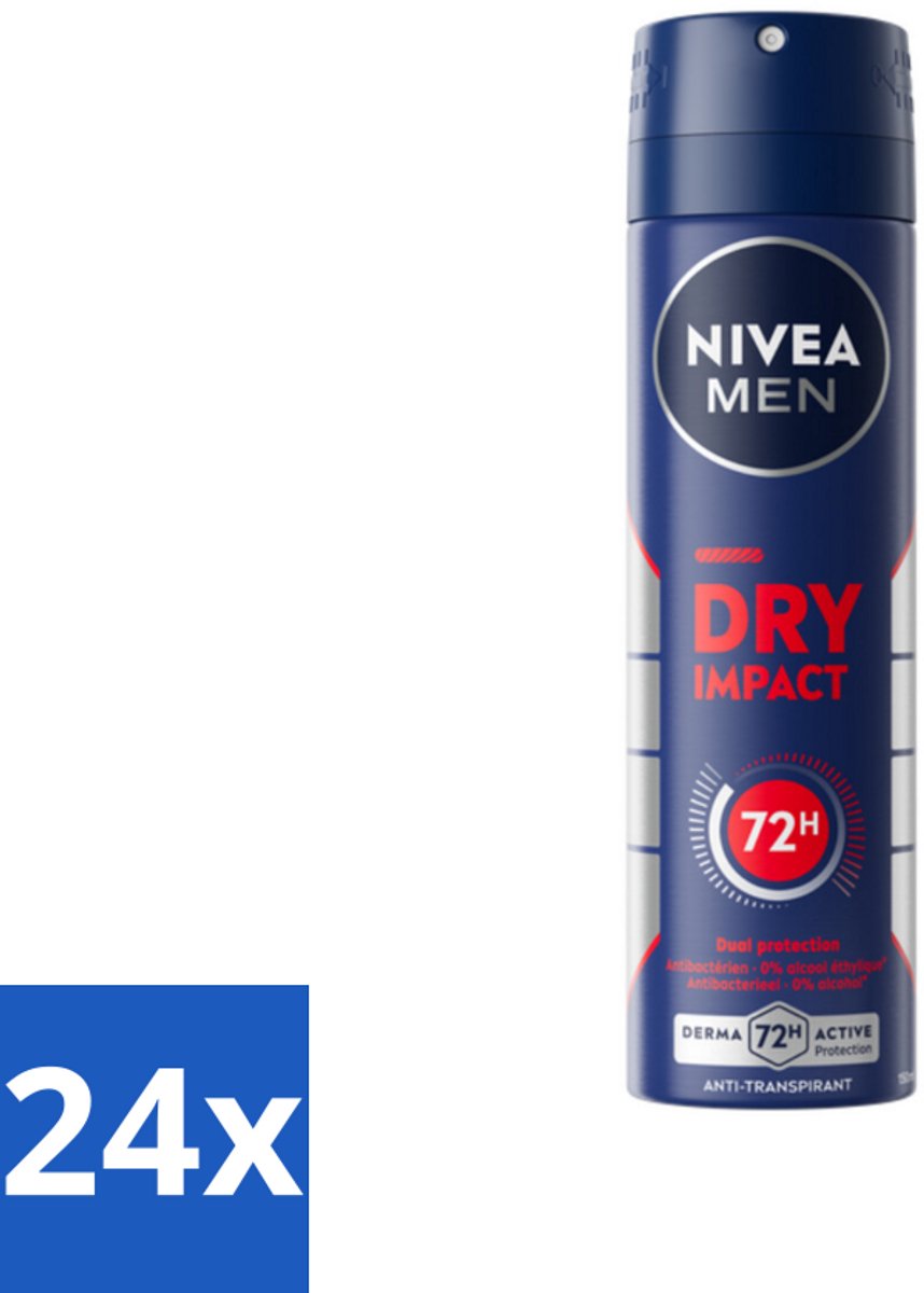 24 x NIVEA MEN - Deodorant Spray - Dry Impact - 150 ml - Droog Huidgevoel - Zweetbeheersing - Anti-transpirant - Frisheid - Huidbescherming