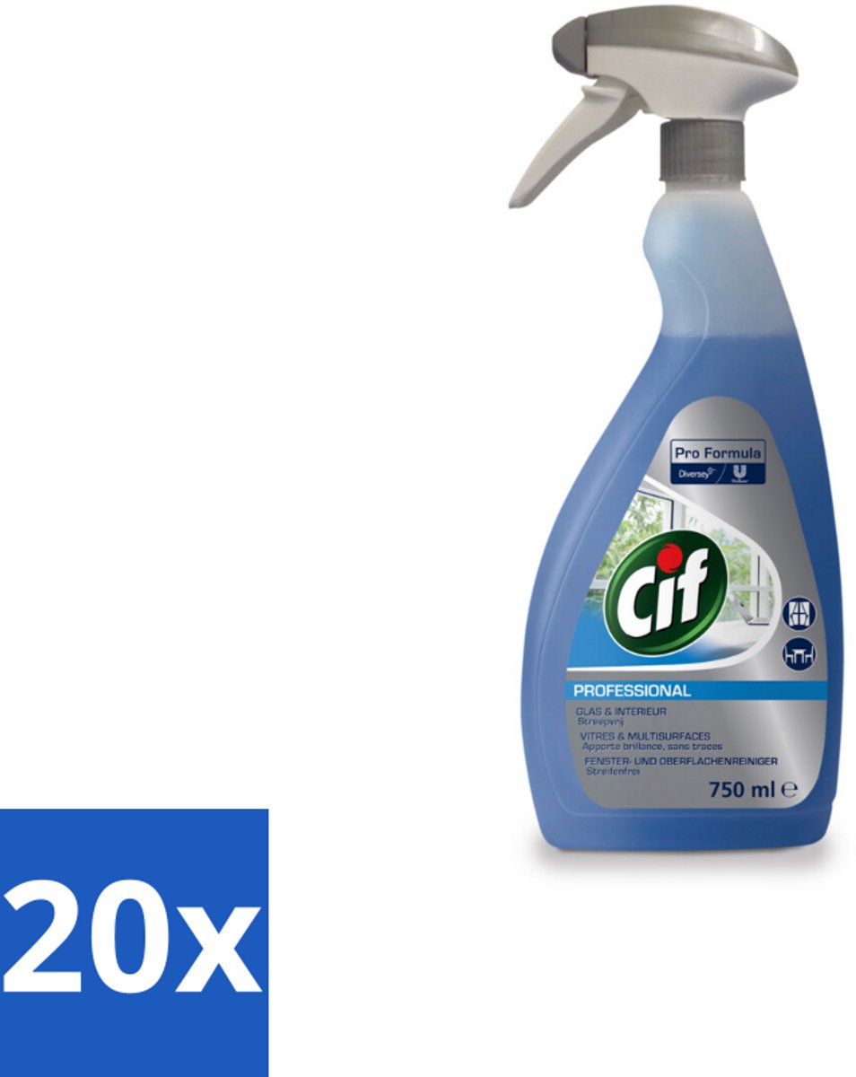 20 x Cif Glas- en Ruitenreiniger - Spray - Streeploze Glans - Voor Ramen en Spiegels - 750 ml - Glas Reiniger - Ruiten Reiniger - Spiegels Reiniger - Streeploze Glans - Ramen Reiniger