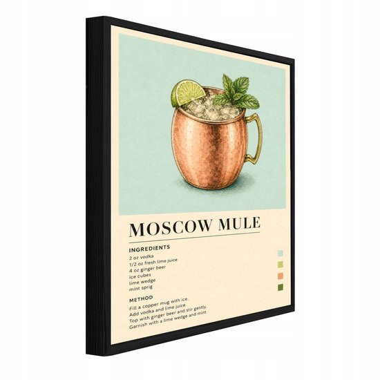 Poster Moscow Mule, koperen mok met ijs, munt en limoen, retrostijl.