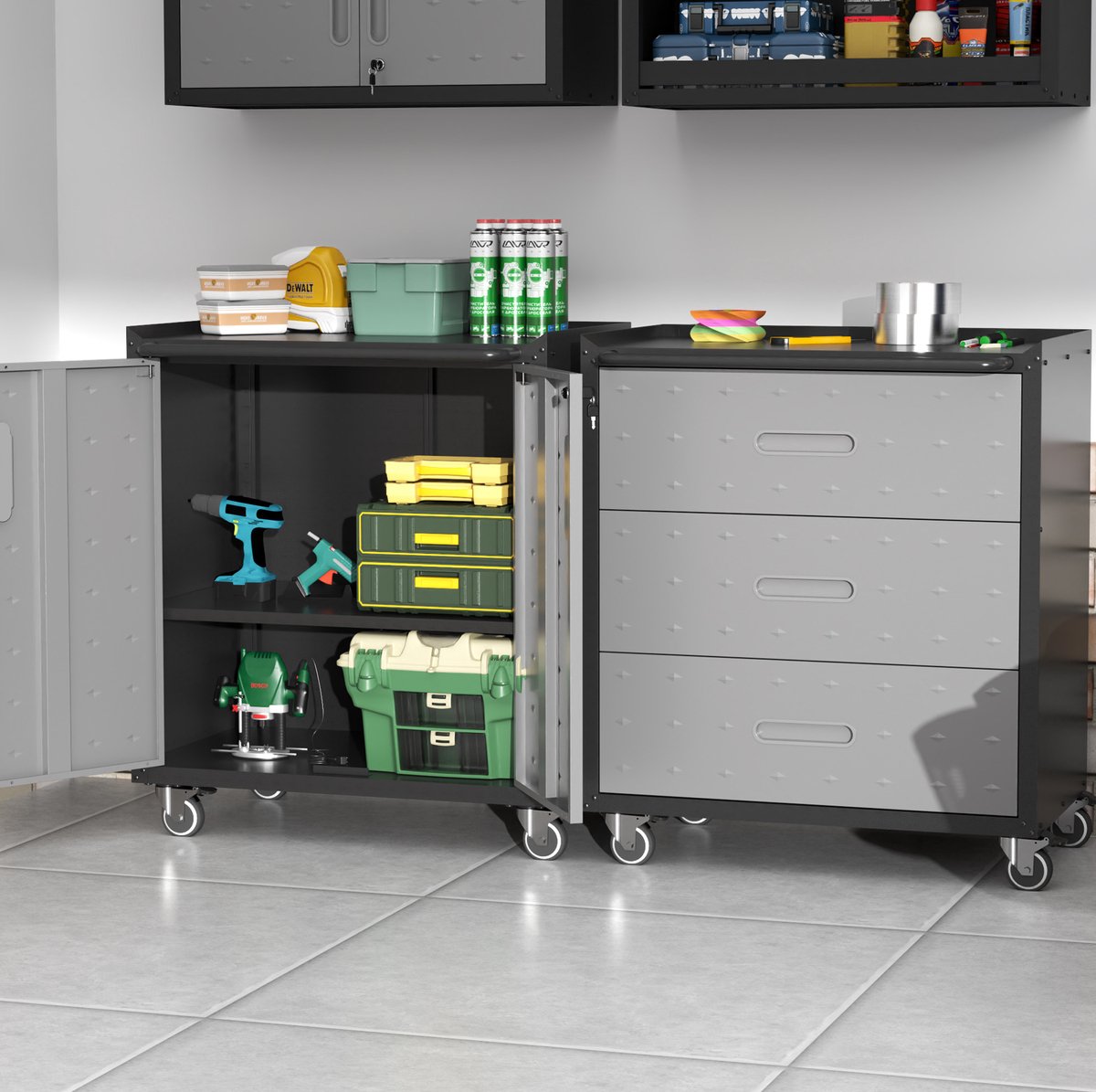 REDOM - Metalen gereedschapskast - Verstelbare planken - Verrijdbare en afsluitbare constructie - Poedercoating - Garage, werkplaats, keuken, voorraadruimte - Metaal - Zwart en grijs - 75 x 42 x 88 cm
