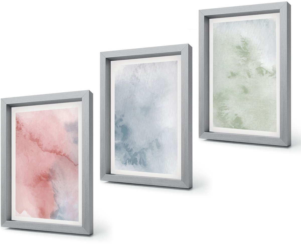 Coloray 4-Delige Schilderij Set - Pastelkleurige structuren, kleurrijke aquarelverf op canvas - 20 x 30 cm - Wanddecoratie - Woonkamer Decoratie Zilveren lijst