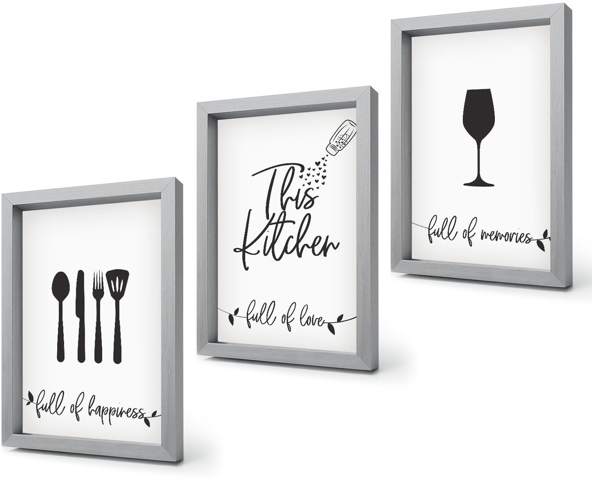Coloray 4-Delige Schilderij Set - Patronen met opschriften voor keukengerei - 20 x 30 cm - Muurdecoratie - Wanddecoratie - Hal - Decoratieve Schilderijen Zilveren lijst