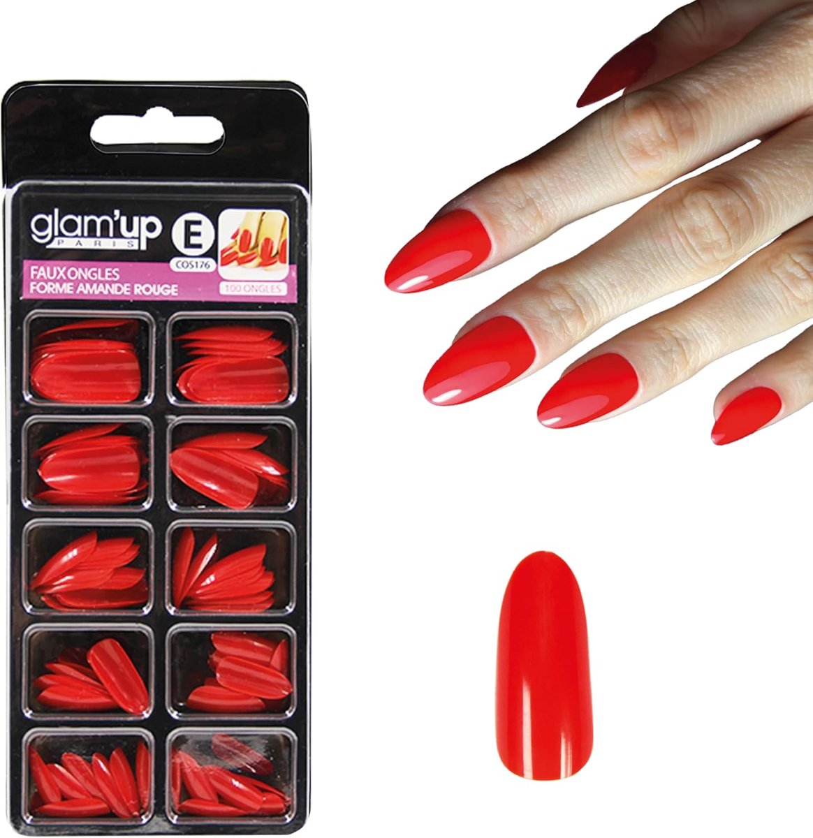 Glam'Up Paris 100 Pieces Artificial Nails Full Cover Easy to Use Almond Shape Nails #176 Red - ShopVlot