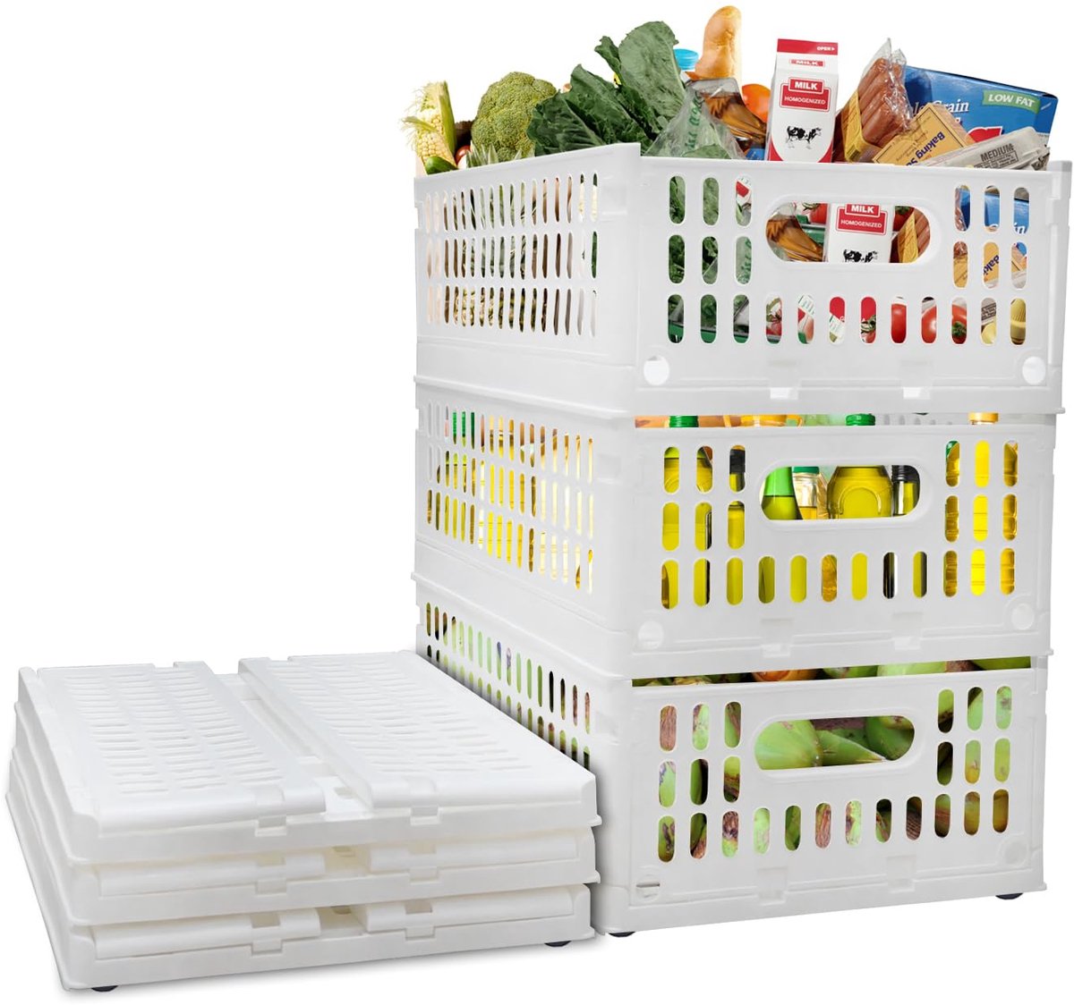 Famanu – Opvouwbare stapelbare opbergkratten set van 3 stuks, elk met 10 kg draagvermogen, ruimtebesparend ontwerp met wielen, multifunctionele organizerbakken in wit