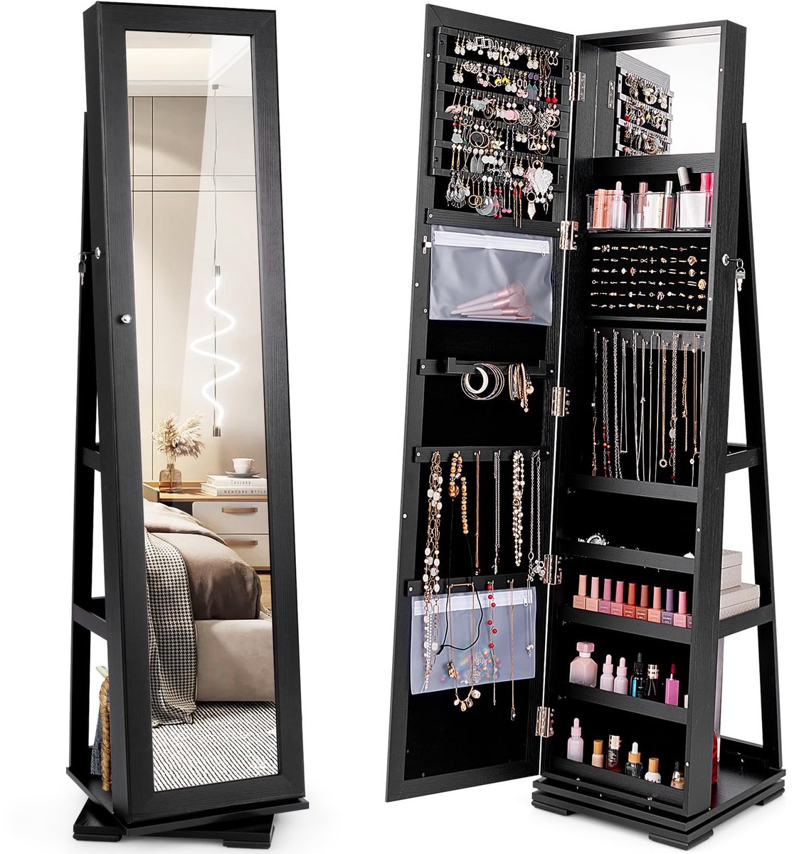 Famanu – Sieradenkast met full-body spiegel en ingebouwde make-upspiegel, 360 graden draaibaar, afsluitbaar, staand, sieradenopslag en organizer in zwart