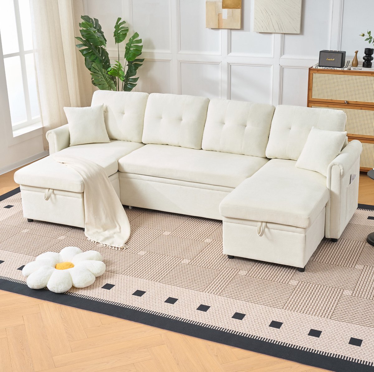 U-bank Slaapbank met Bedkast en Opbergruimte - Verstelbare Loungesofa voor Woonkamer en Logeerkamer - Chenille Beige