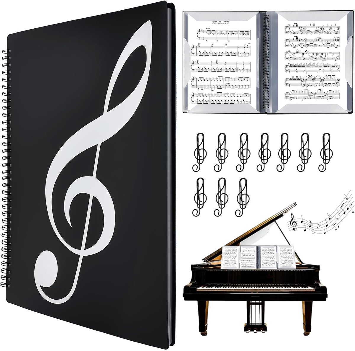 Muziekmap met 10 clips, 4 uitbreidbare pagina's, 10 vakken/40 pagina's, muziekmap in A4-formaat, waterdicht - ShopVlot