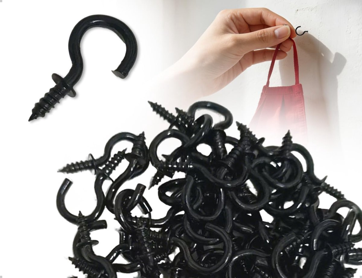 Metalen schroefhaken set 70 stuks - mini-haken zwart - handig voor ophangen van sleutels en decoraties - ShopVlot