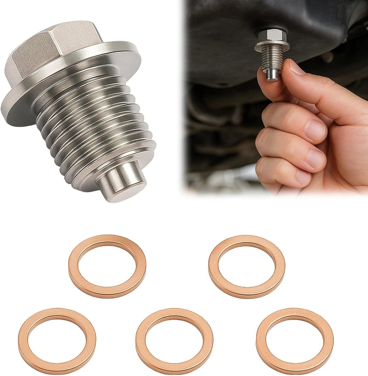 Olieafvoerplug M14 x 1.5 - met 5 koperen afdichtringen - universele pasvorm - eenvoudig te vervangen - ShopVlot