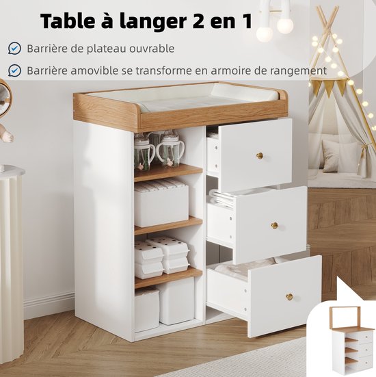 Table à langer 2 en 1 met 2-in-1 commode, barrière amovible et rangement.