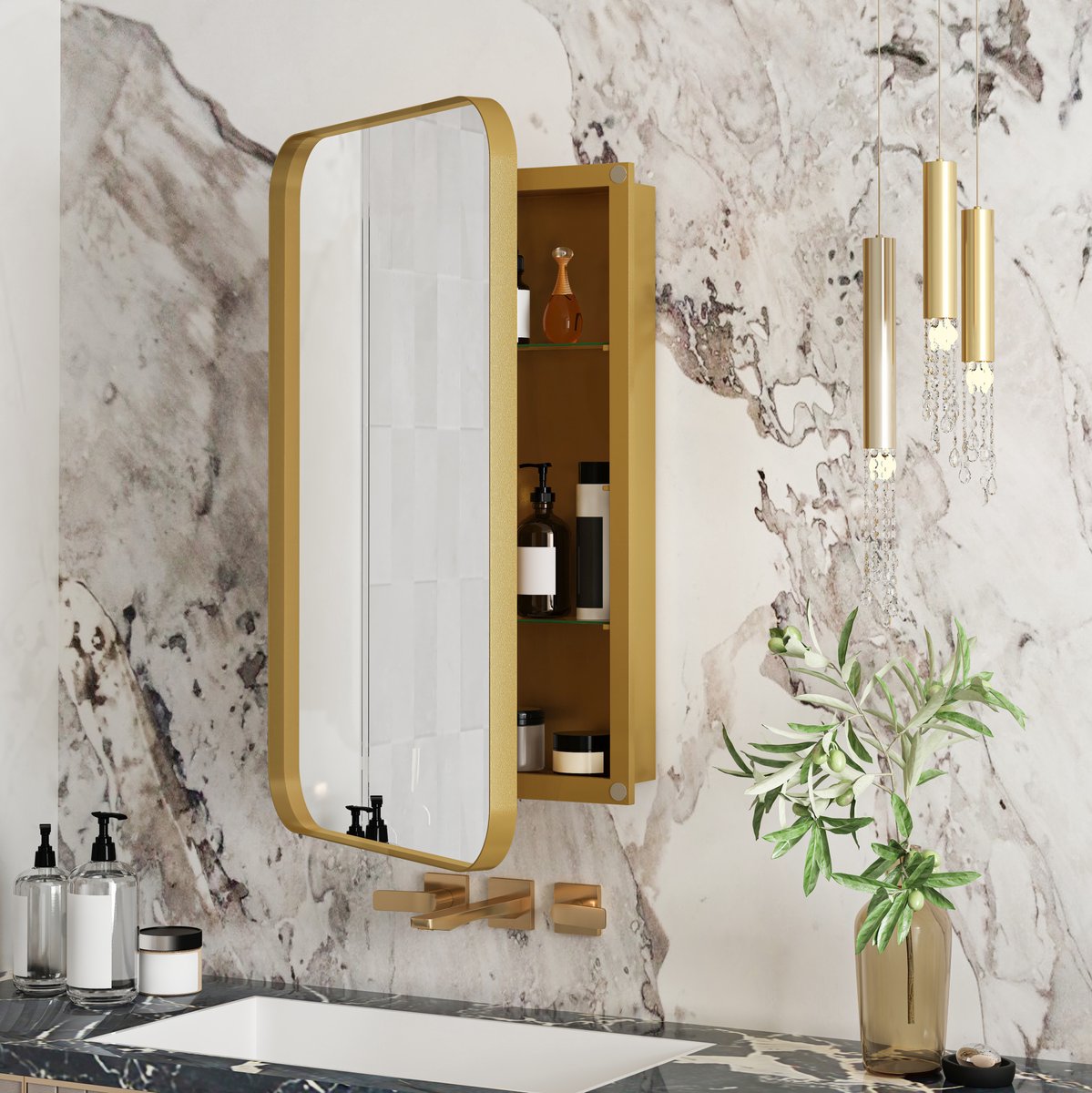 REDOM - Badkamer spiegelkast - Metalen frame en spiegel - Verstelbare glazen planken - Wandmontage en inbouw - Opbergruimte - Glas en metaal - Goud - 76 x 51 x 12 cm