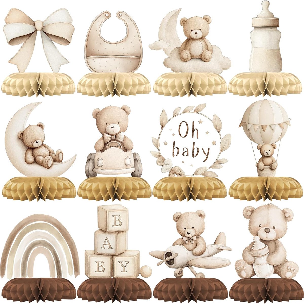 12-Piece Neutral Teddy Bear Baby Shower Decoration Set - Oh Baby Bear Party Accessories - ShopVlot