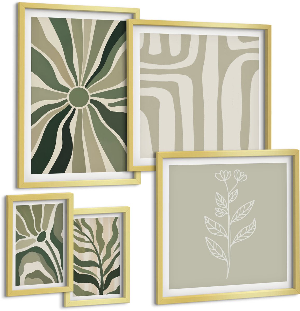 TULUP 5-Delige Schilderij Set - Abstracte plantenpatronen in groene tinten - 50 x 50 cm, 20 x 30 cm en 40 x 60 cm - Wanddecoratie - Woonkamer Decoratie - Decoratieve Schilderijen Gouden lijst