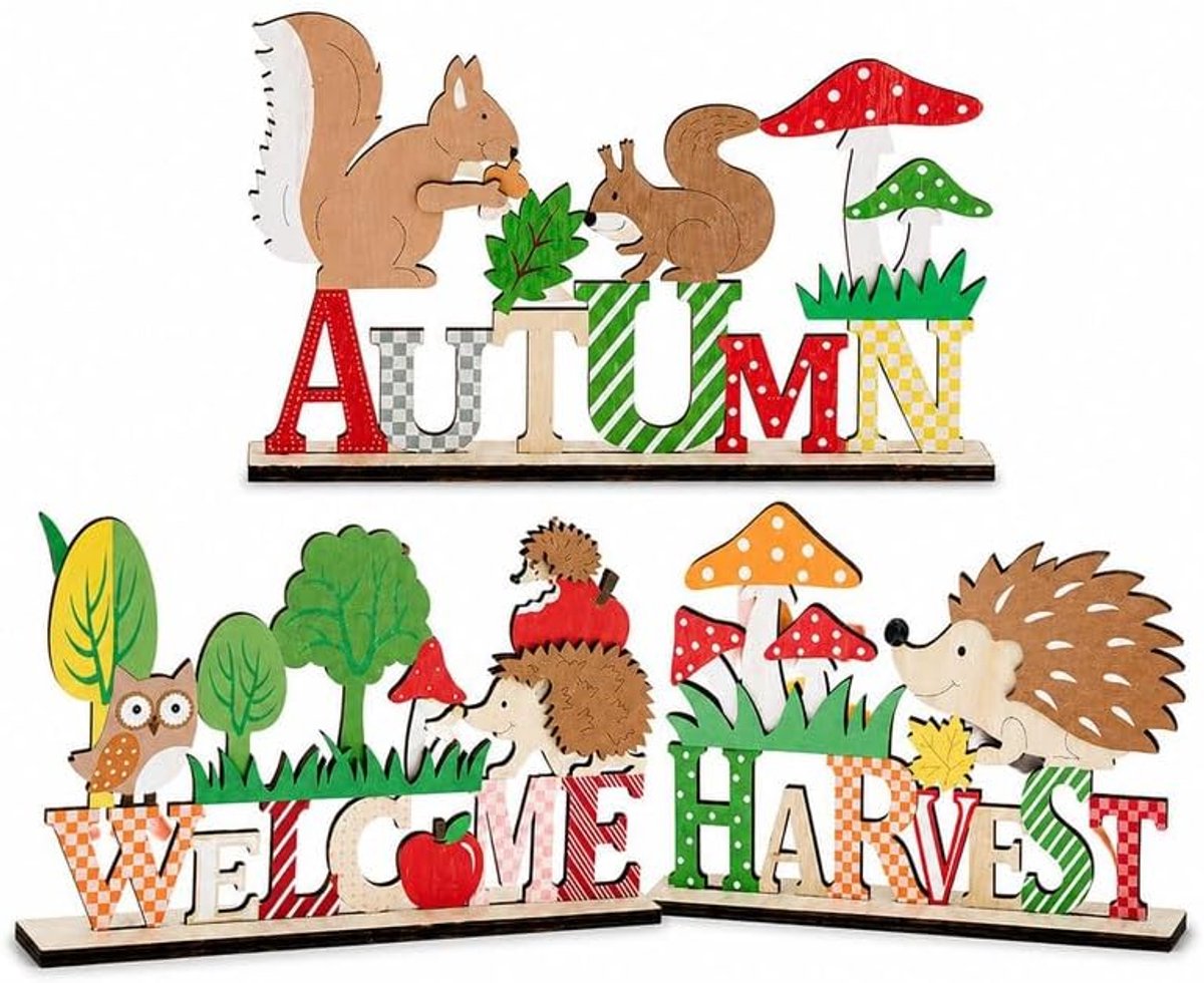 Houten Decoratie 3-delig Set Herfst Bosdieren Staand-Tafelstandaard van Hout Kleurrijke Patronen Veelzijdige - ShopVlot