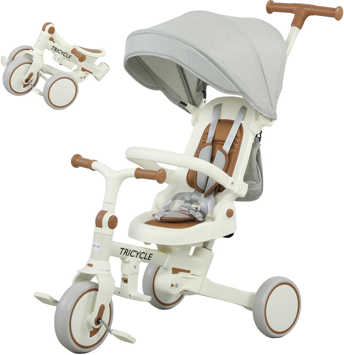 TEKROA® 5-in-1 kindertrike met verstelbare rugleuning - peutertrike met duwstang - verstelbare rugleuning - crèmewit