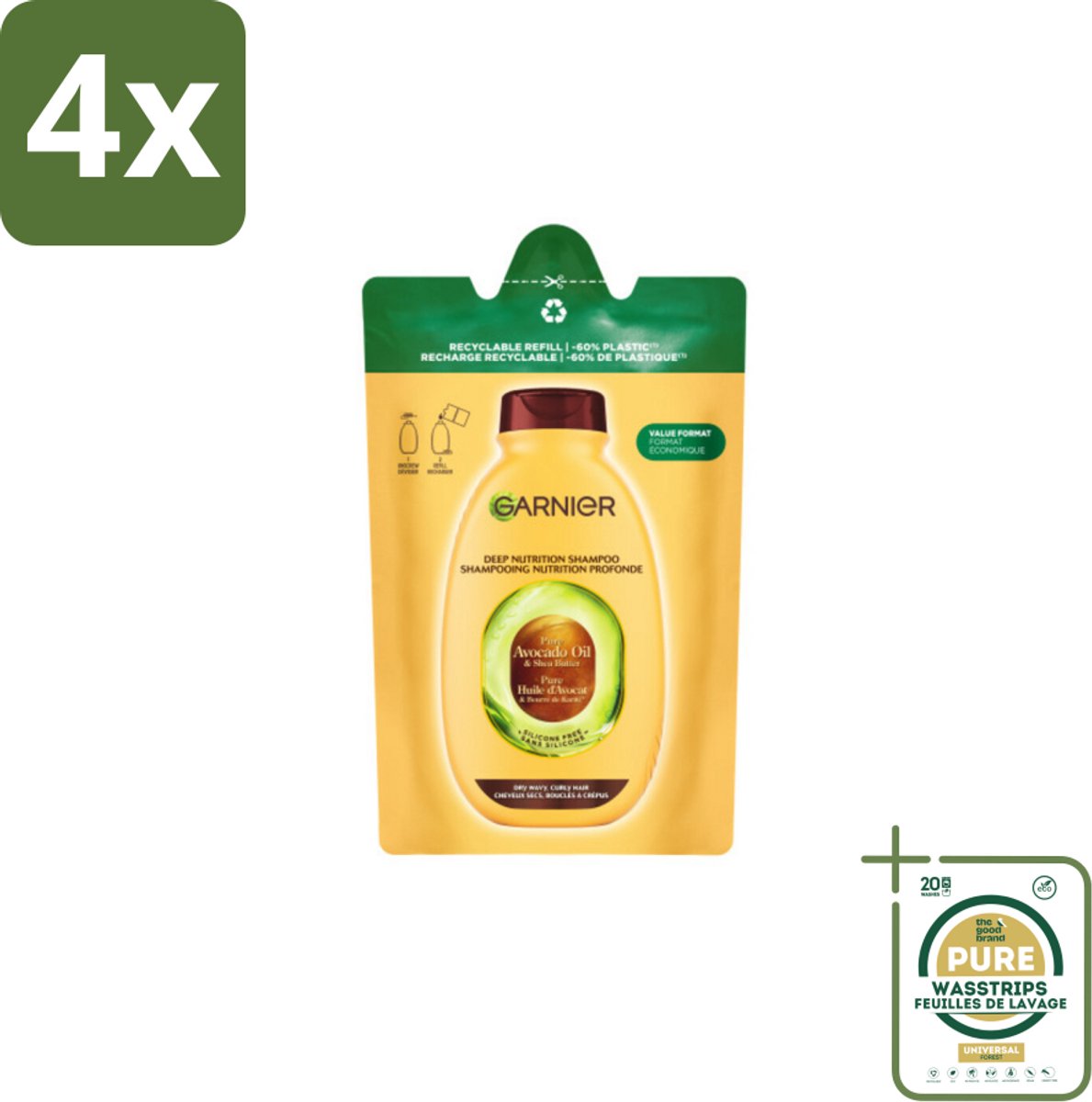 Garnier - Loving Blends - Shampoo Refill - Avocado Olie & Shea Boter - Zeer Droog, Golvend of Krullend Haar - 250 ml - Voordeelverpakking - 4 stuks - Shea boter - Droog haar