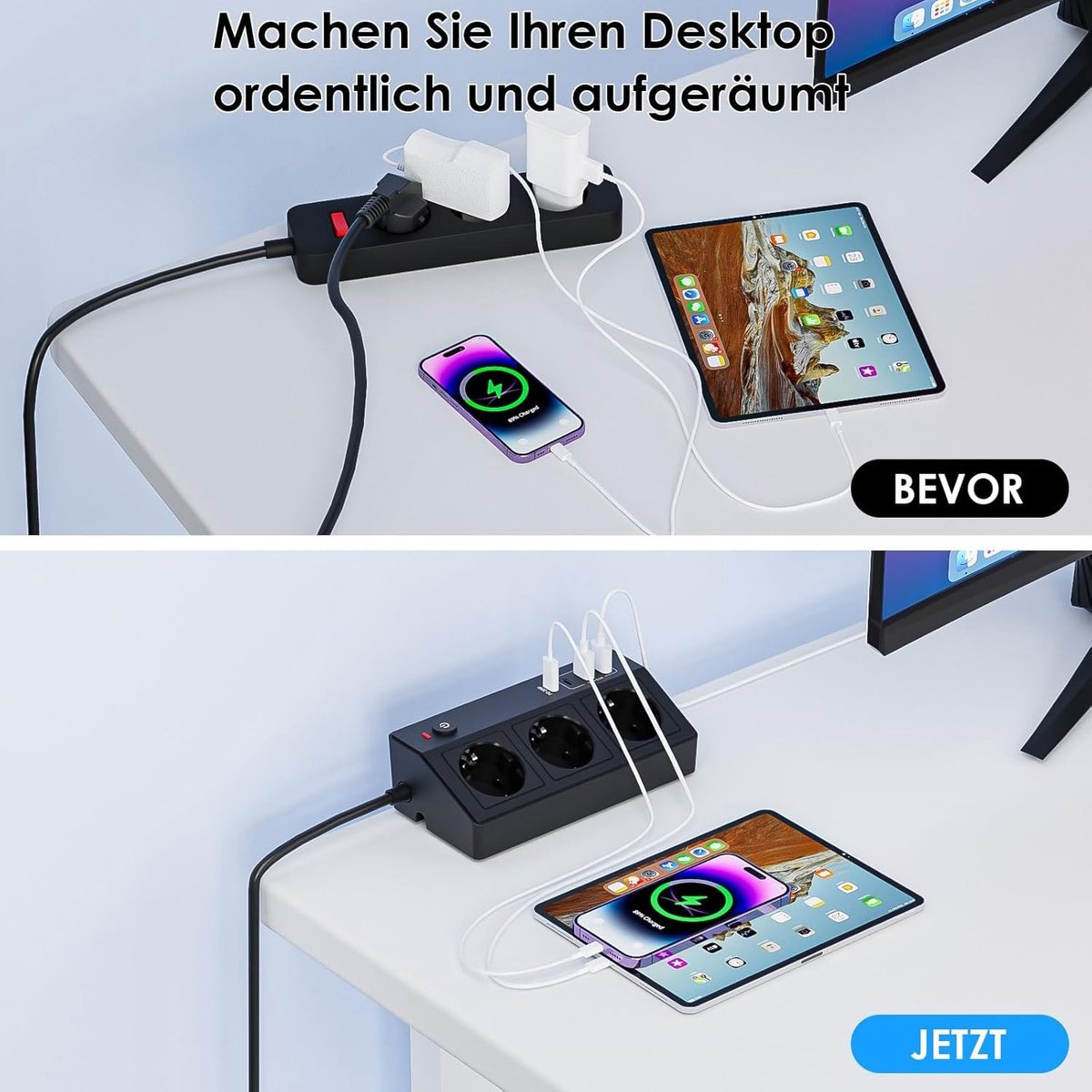 Tafelstopcontact met USB-C PD 20W - Zwart - 2 m Kabel - Meervoudig Stopcontact met Overspanningsbeveiliging - Voor Thuis en Kantoor