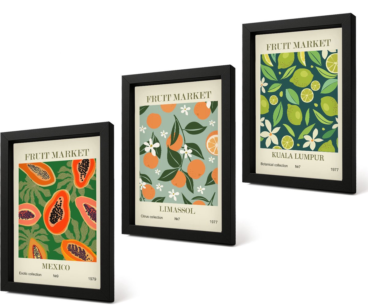 Coloray 4-Delige Schilderij Set - Vintage posters met fruitpatronen - 20 x 30 cm - Decoratieve Muurdecoratie - Slaapkamer - Interieur Decoratie