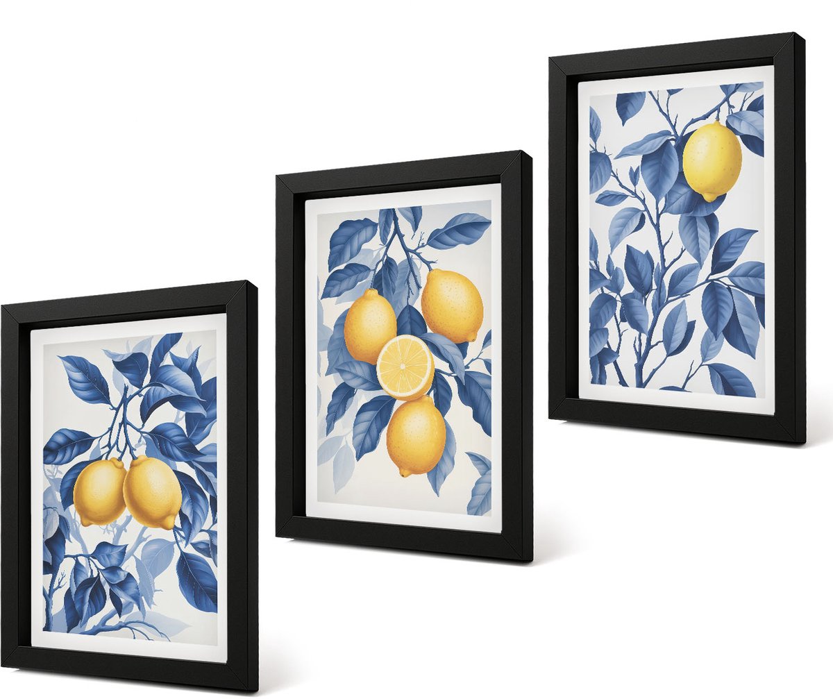 Coloray 4-Delige Schilderij Set - Citroenen aan takken met blauwe bladeren - 20 x 30 cm - Wanddecoratie - Moderne Interieurdecoratie - Moderne Wanddecoratie
