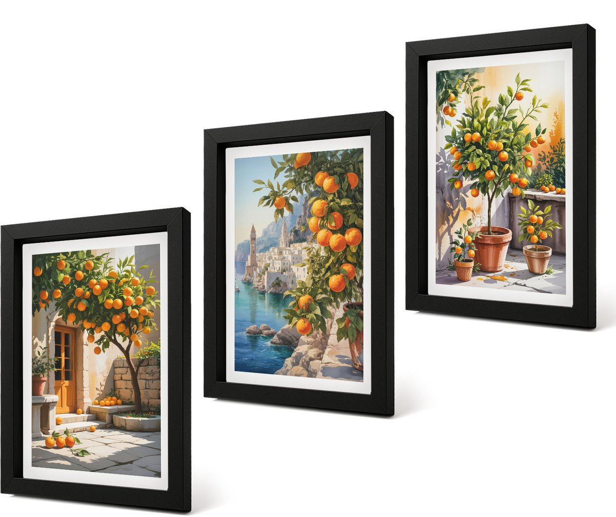 Coloray 4-Delige Schilderij Set - Geschilderde citrusvruchten en kustlandschappen - 20 x 30 cm - Muurdecoratie - Wanddecoratie - Slaapkamer - Decoratieve Schilderijen
